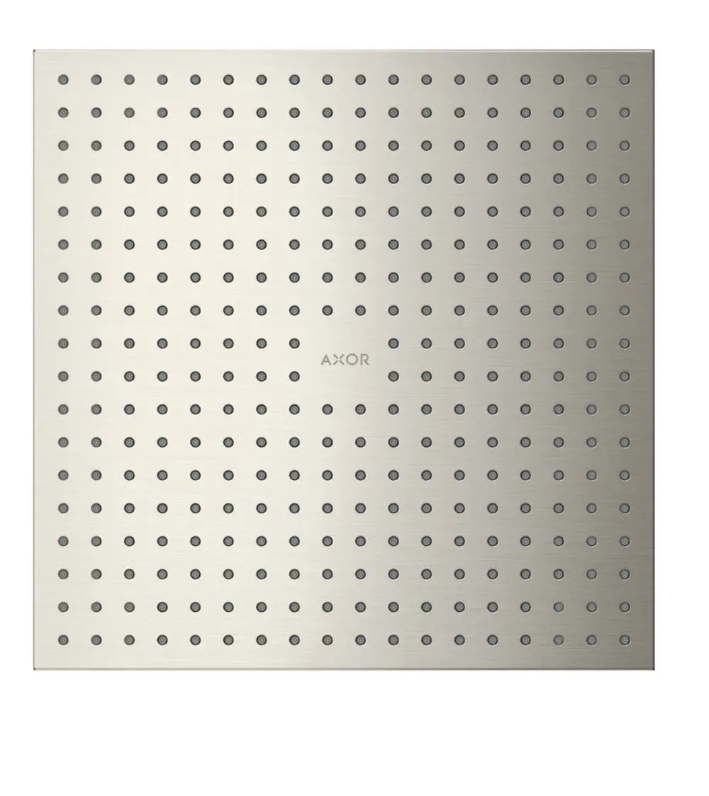 Edelstahl-Duschkopf mit gleichmäßig verteilten Sprühöffnungen, Marke AXOR, quadratisch und flach gestaltet, geeignet zur Deckenmontage.